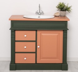 Dulap baie ornamental cu 3 sertare si 1 usa, din stejar, lavoar inclus in pret - Culoare Top_P112 - Culoare Corp_P115 - Culoare  de la Rustic Butique OUTOPS543 - Culoare Top_P112 - Culoare Corp_P115 - Culoare Usi si Sertare_P112 - DUBLU COLOR