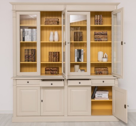 Biblioteca cu 4 usi, 4 sertare BAS + 4 usi sticla SUP, Colectia Directoire de la Rustic Butique PS16BAS + PS72SUP - Culoare Ext._P024 / Culoare Int._P050 - DUBLU COLOR