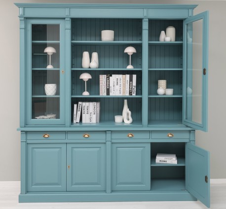 Biblioteca cu 4 usi, 4 sertare BAS + 2 usi sticla, etajera deschisa SUP, Colectia Directoire de la Rustic Butique PS16BAS+PS57SUP - Culoare_P008 - VOPSIT