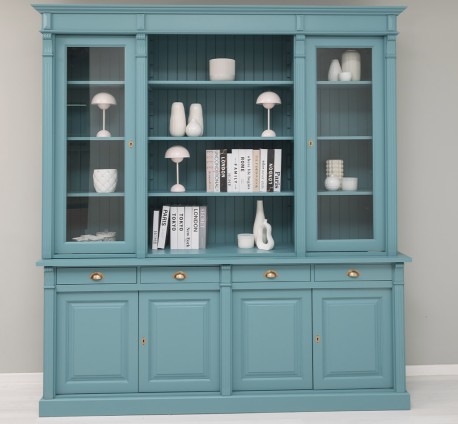 Biblioteca cu 4 usi, 4 sertare BAS + 2 usi sticla, etajera deschisa SUP, Colectia Directoire de la Rustic Butique PS16BAS+PS57SUP - Culoare_P008 - VOPSIT