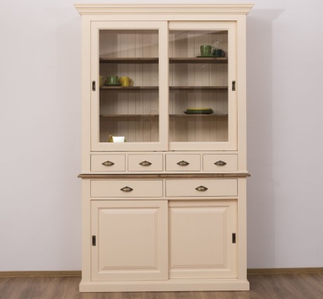 Bufet cu 2 usi glisante, 2 sertare BAS + 4 sertare, 2 usi sticla glisante SUP de la Rustic Butique PS171+PS172 - Culoare Top_P001 - Culoare Corp_P025 - DUBLU COLOR