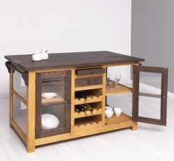Insula de bucatarie cu usi si compartiment pentru sticle de la Rustic Butique PS608 - Culoare Top_P062 - Culoare Corp_P002 - Culoare Usi si Sertare_P062 - DUBLU COLOR