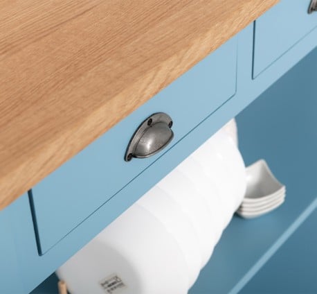 Consola cu 3 sertare si 1 polita, blat stejar de la Studio Szel PS513 - Culoare Top_P061 - Culoare Corp_P053 - DUBLU COLOR