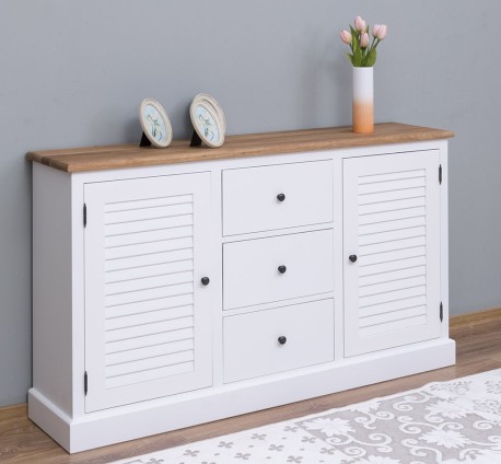 Bufet cu 2 usi, 3 sertare, blat stejar, Colectia Shutter de la Rustic Butique PS569 - Culoare Top_P089 - Culoare Corp_P039 - DUBLU COLOR
