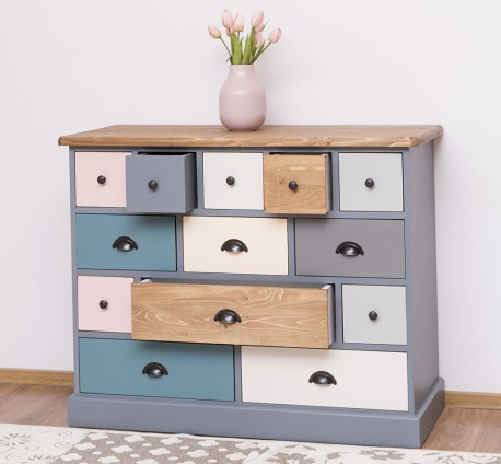 Comoda cu 13 sertare de la Rustic Butique PS103 - Culoare Top_P001 - Culoare Corp_P042 - Culoare Sertare_Multicolor - MULTICOLOR