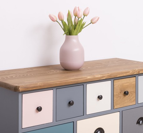 Comoda cu 13 sertare de la Rustic Butique PS103 - Culoare Top_P001 - Culoare Corp_P042 - Culoare Sertare_Multicolor - MULTICOLOR