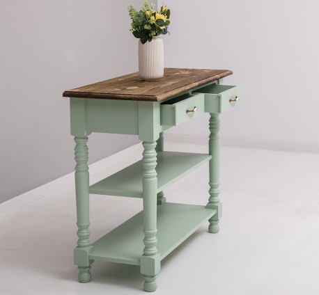 Consola de perete cu picioare strunjite, doua rafturi si doua sertare de la Rustic Butique PS708 - Culoare Top_P064 - Culoare Corp_P092 - DUBLU COLOR