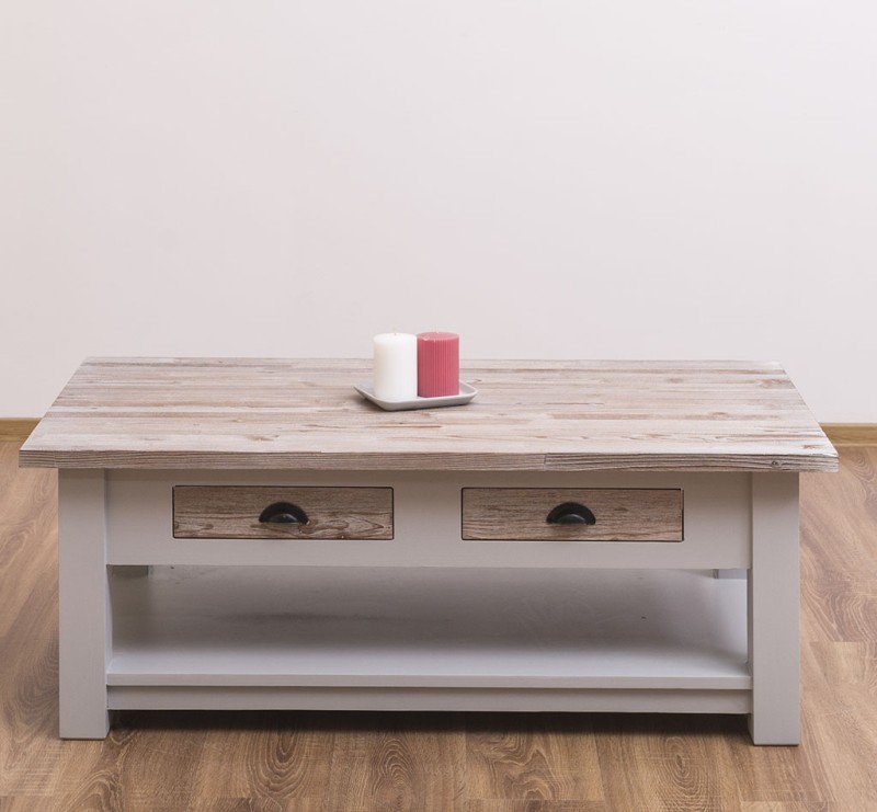 Masa cafea cu 2 sertare 120x65x45cm cu finisaj Cool Grey / Sand White