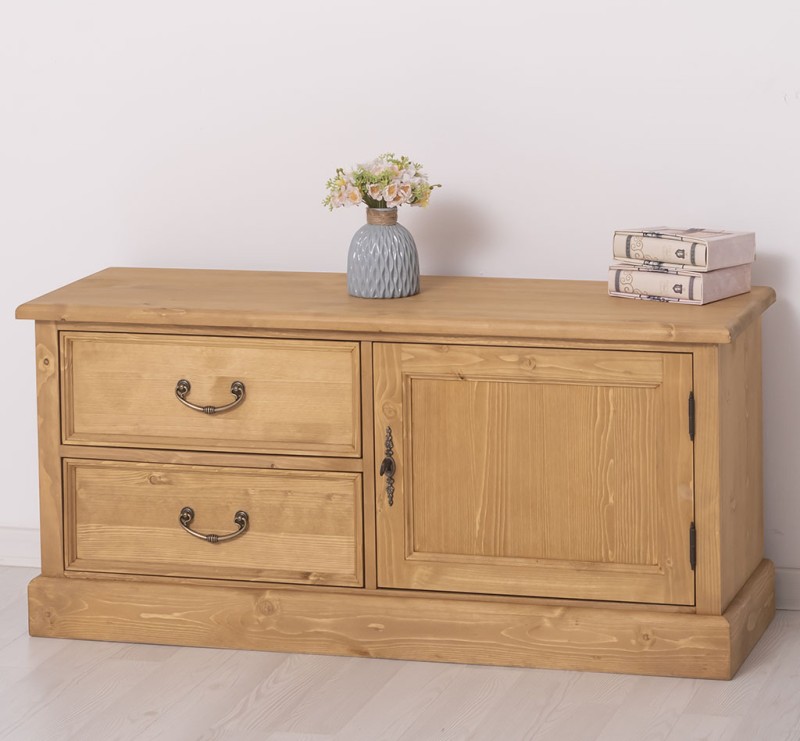 Comoda mica TV cu 1 usa si 2 sertare cu finisaj Light Walnut Waxed