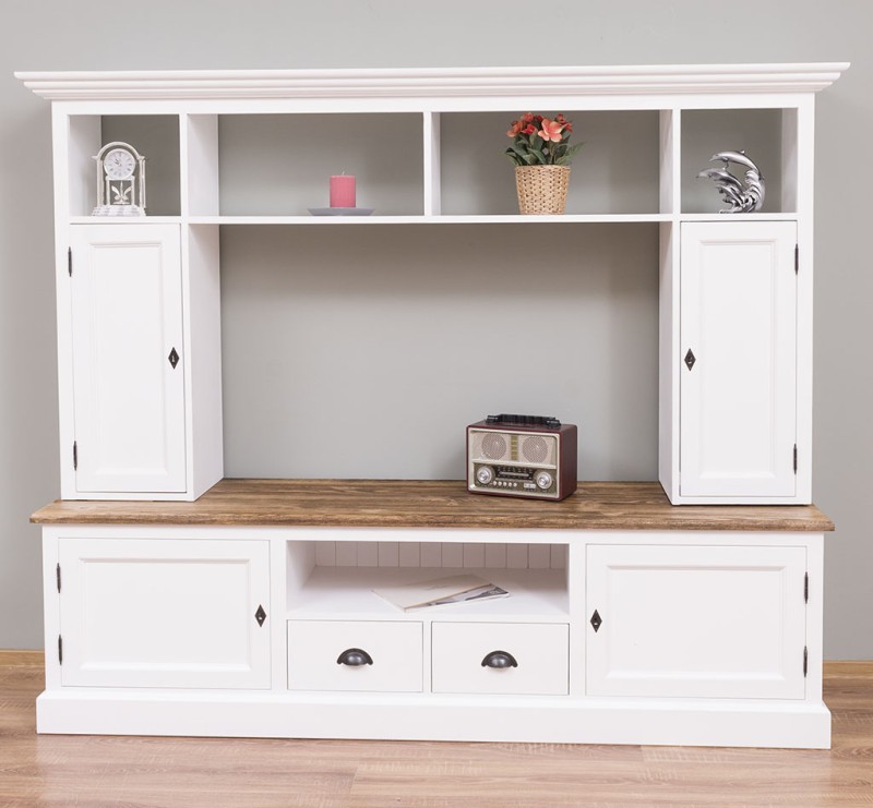 Comoda TV 2 sertare, 2 usi BAS +2 usi SUP cu finisaj White/Chestnut Brown