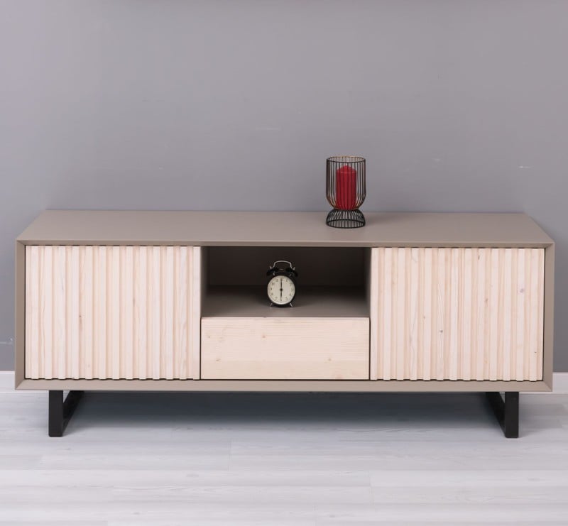 Comoda TV cu 2 usi si 1 sertar 'Slatted' cu finisaj Dim Gray/Natural White
