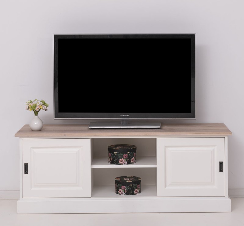 Comoda TV cu 2 usi glisante, blat stejar cu finisaj Signal White/Light Natural