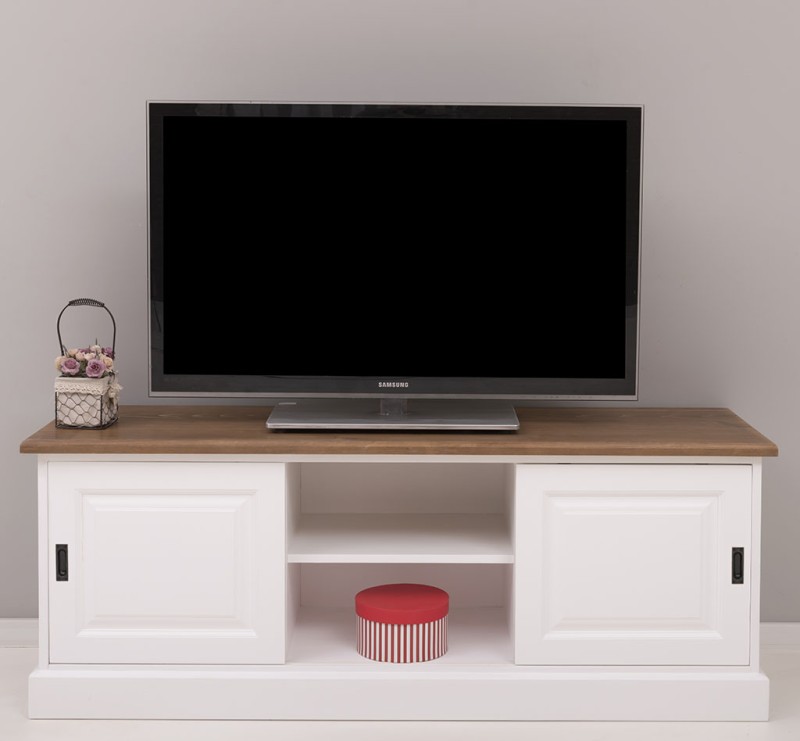 Comoda TV cu 2 usi glisante cu finisaj White/Walnut Waxed