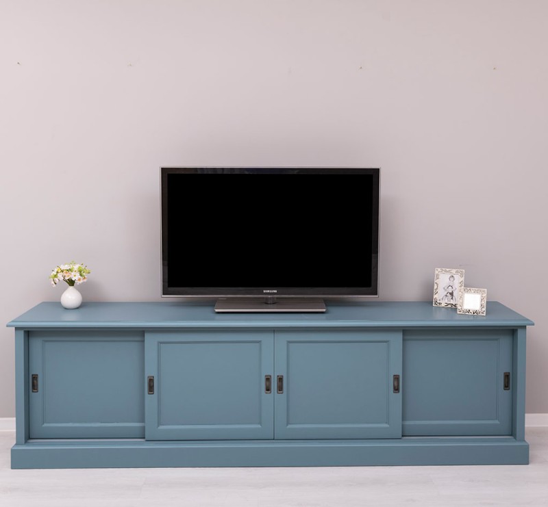 Comoda TV cu 4 usi glisante, BAS cu finisaj Dusty Blue/Honey Brown