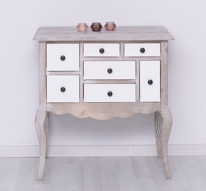 Consola cu picioare curbate si 7 sertare cu finisaj Dove Grey/White Antic
