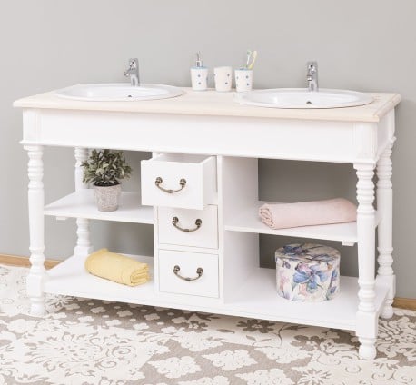 Dulap baie pentru 2 lavoare cu 3 sertare, picioare strunjite - lavoarele nu sunt incluse in pret de la Studio Szel PS452  - Culoare Top_0 - Culoare Corp_P004A - VOPSIT ANTICHIZAT