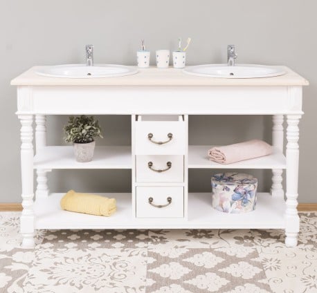Dulap baie pentru 2 lavoare cu 3 sertare, picioare strunjite - lavoarele nu sunt incluse in pret de la Studio Szel PS452  - Culoare Top_0 - Culoare Corp_P004A - VOPSIT ANTICHIZAT