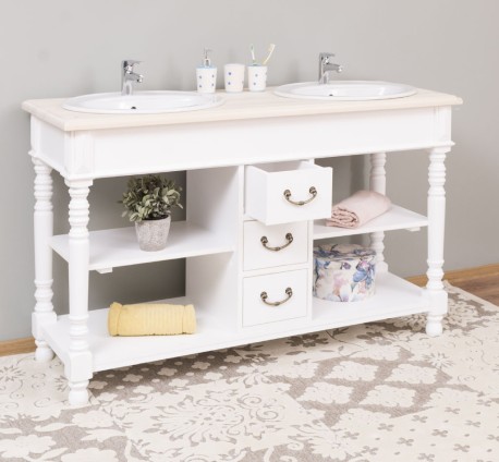 Dulap baie pentru 2 lavoare cu 3 sertare, picioare strunjite - lavoarele nu sunt incluse in pret de la Studio Szel PS452  - Culoare Top_0 - Culoare Corp_P004A - VOPSIT ANTICHIZAT