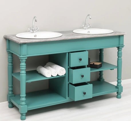 Dulap baie pentru 2 lavoare cu 3 sertare, picioare strunjite - lavoarele nu sunt incluse in pret de la Studio Szel PS452  - Culoare Top_P065 - Culoare Corp_P117 - VOPSIT