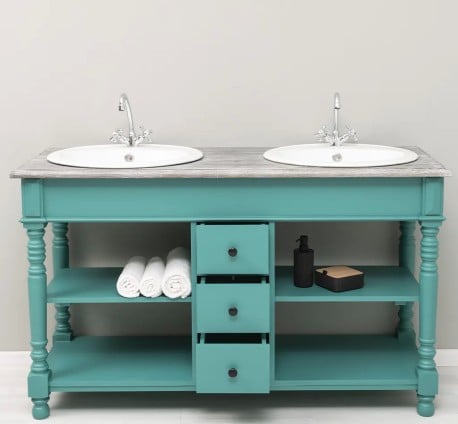 Dulap baie pentru 2 lavoare cu 3 sertare, picioare strunjite - lavoarele nu sunt incluse in pret de la Studio Szel PS452  - Culoare Top_P065 - Culoare Corp_P117 - VOPSIT