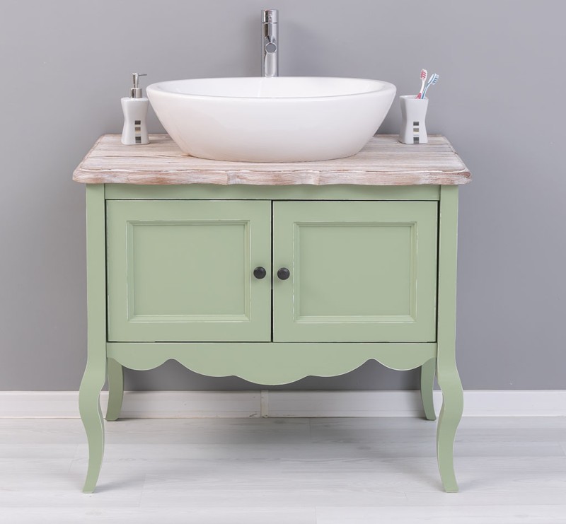Mobilier de baie cu picioare curbate, doua usi cu finisaj Muted Olive Antic / Sand White