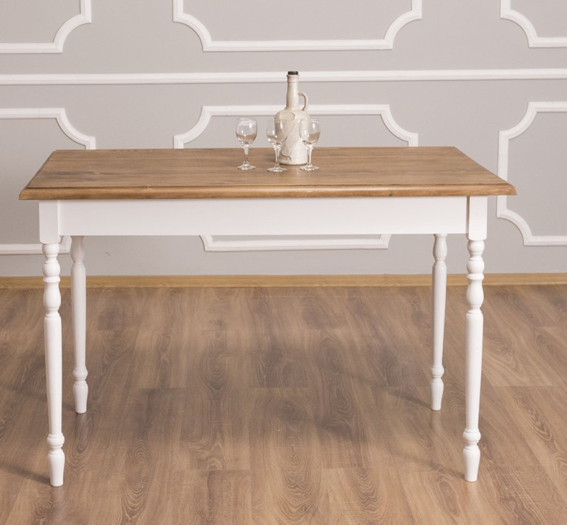 Masa cu picioare strunjite, dim. 140x70x78 cu finisaj White/Walnut Waxed