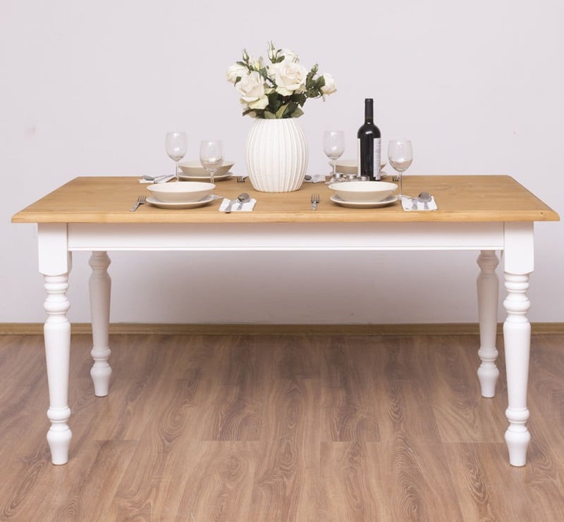 Masa de sufragerie cu picioare strunjite 210x90cm cu finisaj White/Light Walnut Waxed