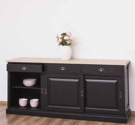 Bufet cu 3 usi glisante,3 sertare, blat stejar, BAS de la Studio Szel PS10BAS - Culoare Top_P0 - Culoare Corp_P003 - VOPSIT