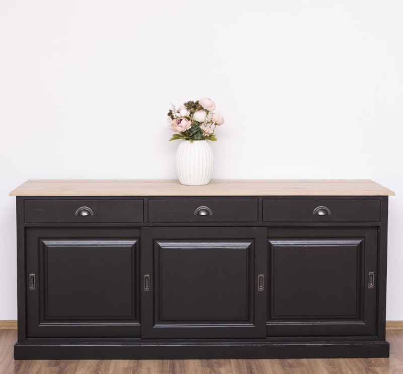 Bufet cu 3 usi glisante,3 sertare, blat stejar, BAS cu finisaj Black / Natural