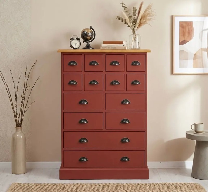 Comoda cu 14 sertare cu finisaj Maroon/Honey Brown