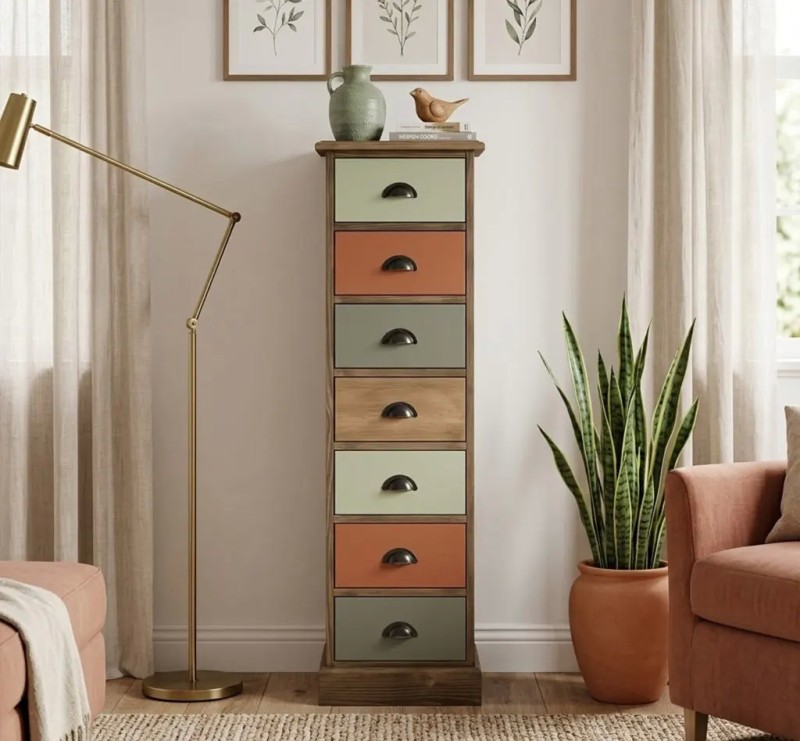 Comoda ingusta cu 7 sertare cu finisaj Stone Brown/Multicolor