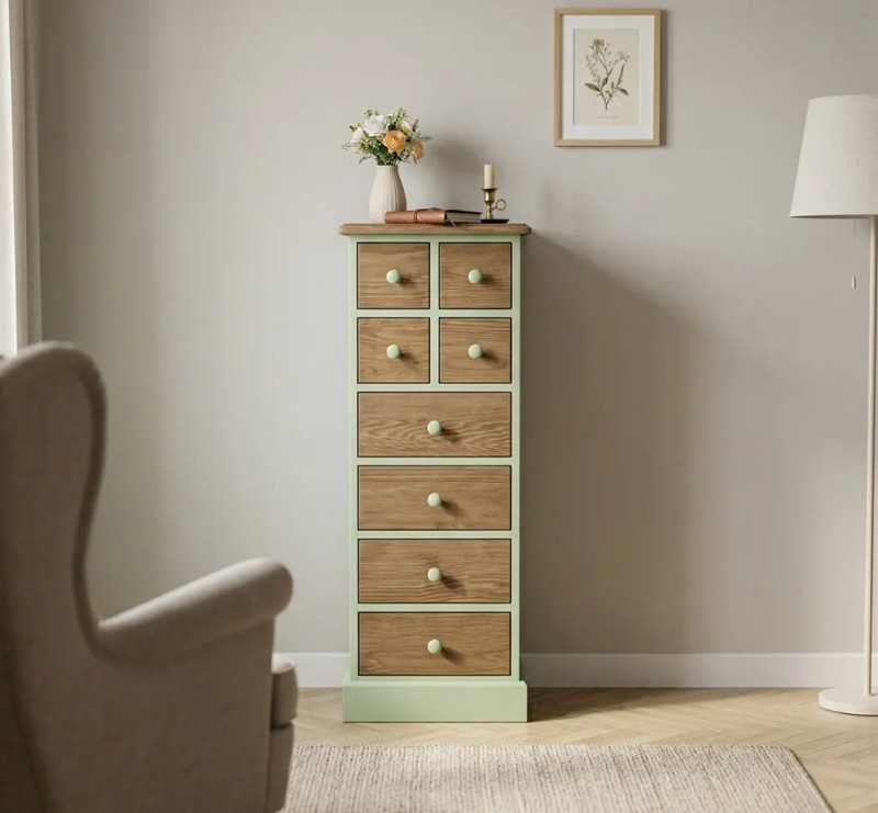 Comoda ingusta cu 8 sertare cu finisaj Muted Olive/Stone Brown
