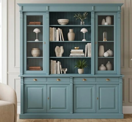 Biblioteca cu 4 usi, 4 sertare BAS + 2 usi sticla, etajera deschisa SUP, Colectia Directoire de la Studio Szel PS16BAS+PS57SUP - Culoare_P008 - VOPSIT