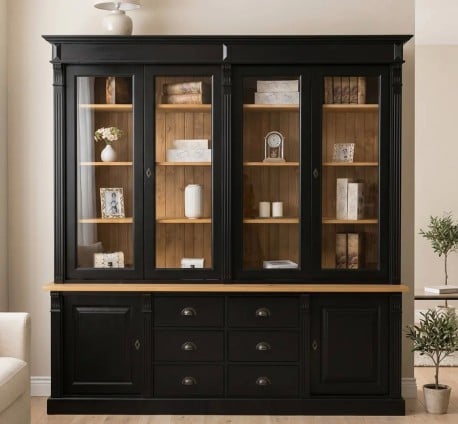 Biblioteca cu 2 usi, 6 sertare BAS + 4 usi sticla SUP, Colectia Directoire de la Studio Szel PS295BAS + PS72SUP - Culoare Top_P002 - Culoare Ext._P150 / Culoare Int._P002 - DUBLU COLOR