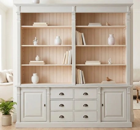 Biblioteca cu 2 usi, 6 sertare BAS + etajera dubla SUP, Colectia Directoire de la Studio Szel PS295BAS + PS294SUP - Culoare Ext._P022++P013A / Culoare Int._P025 - TRIPLU COLOR