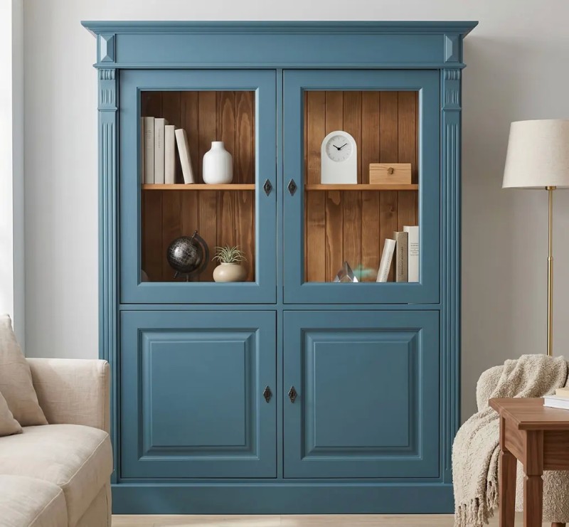 Dulap cu 2 usi + 2 usi sticla, Colectia Directoire cu finisaj Greenish Blue / Walnut Waxed