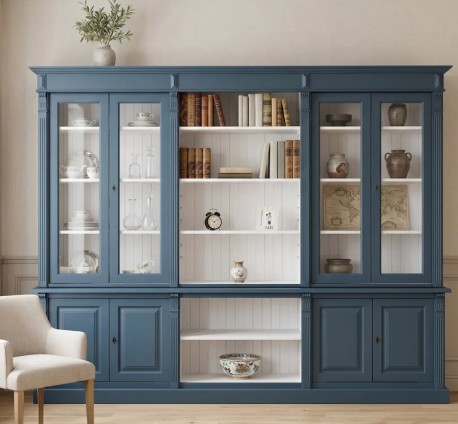 Biblioteca cu 4 usi, 1 polita BAS + 4 usi sticla, 3 polite deschise SUP, Colectia Diectoire de la Studio Szel PS493BAS+SUP - Culoare Ext._P051 / Culoare Int._P004 - DUBLU COLOR