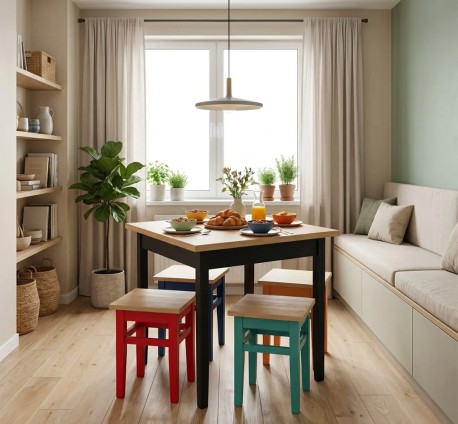 Set Bistro Multicolor cu 4 Scaune de la Studio Szel - SET129 - Culoare Top_P080 - Culoare Corp_Multicolor - DUBLU COLORE