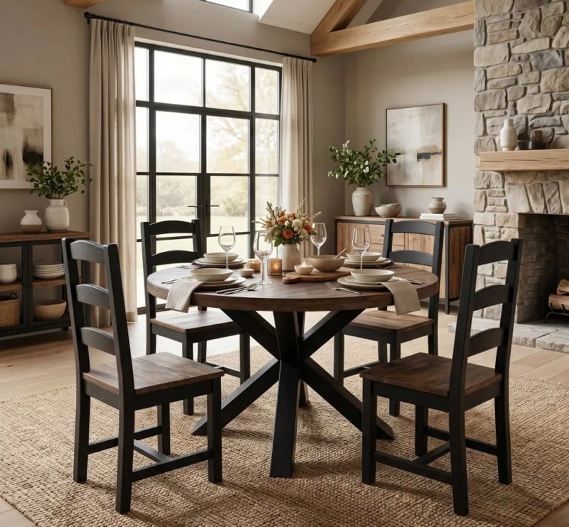 Set Dining Rotund Industrial cu 4 Scaune cu finisaj Dublu color