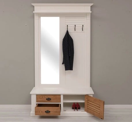Cuier cu design Shutter cu oglinda, doua sertare, 1  usa de la Studio Szel PS722 - Culoare Corp_P004 - Culoare Usi si Sertare_P001 - Culoare Cornisa_P039 - DUBLU COLOR