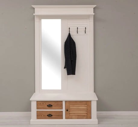 Cuier cu design Shutter cu oglinda, doua sertare, 1  usa de la Studio Szel PS722 - Culoare Corp_P004 - Culoare Usi si Sertare_P001 - Culoare Cornisa_P039 - DUBLU COLOR