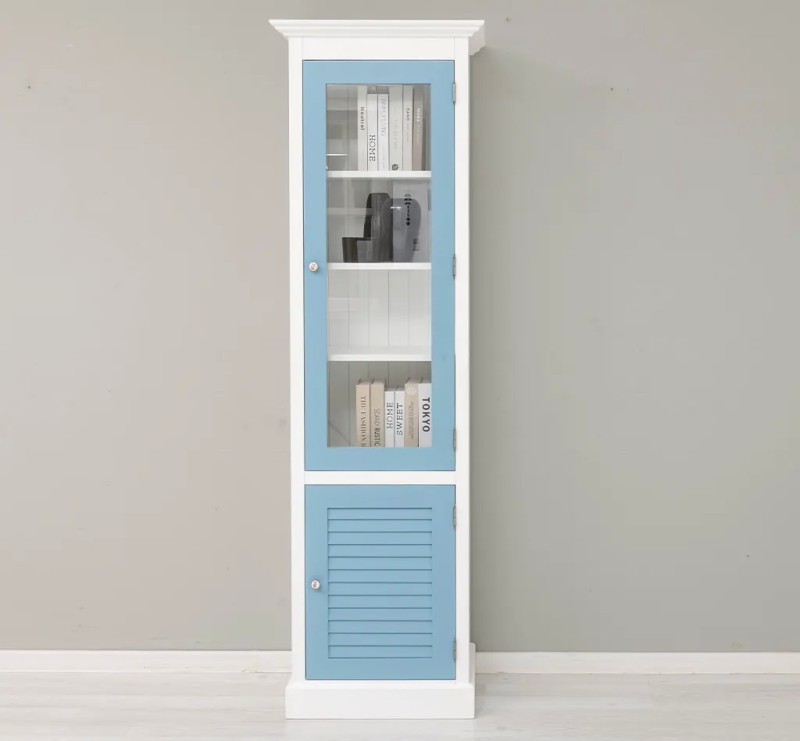 Vitrina ingusta, 1 usa + 1 usa sticla, Colectia Shutter cu finisaj White / Sky Blue
