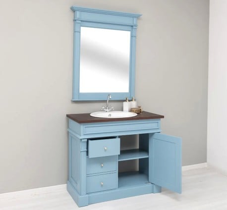 Set Mobilier Baie Albastru cu Oglindă de la Studio Szel - SET136 - Culoare Top_P081 - Culoare Corp_P053 - DUBLU COLOR