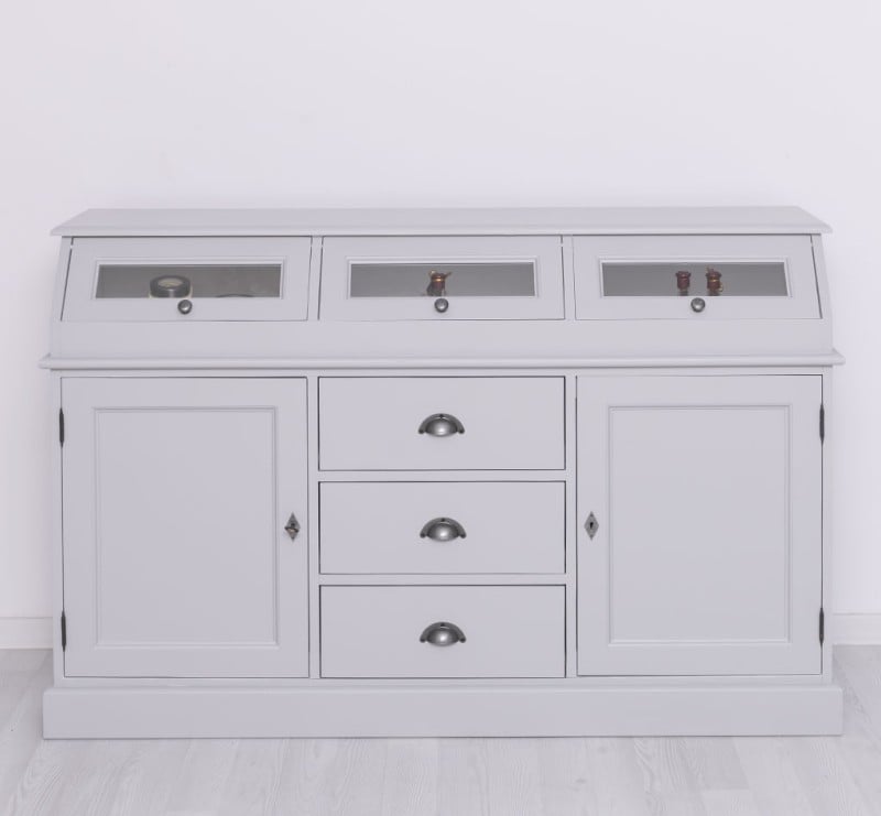 Bufet cu 2 usi, 3 sertare, 3 compartimente cu usa sticla, BAS cu finisaj Cool Grey / White